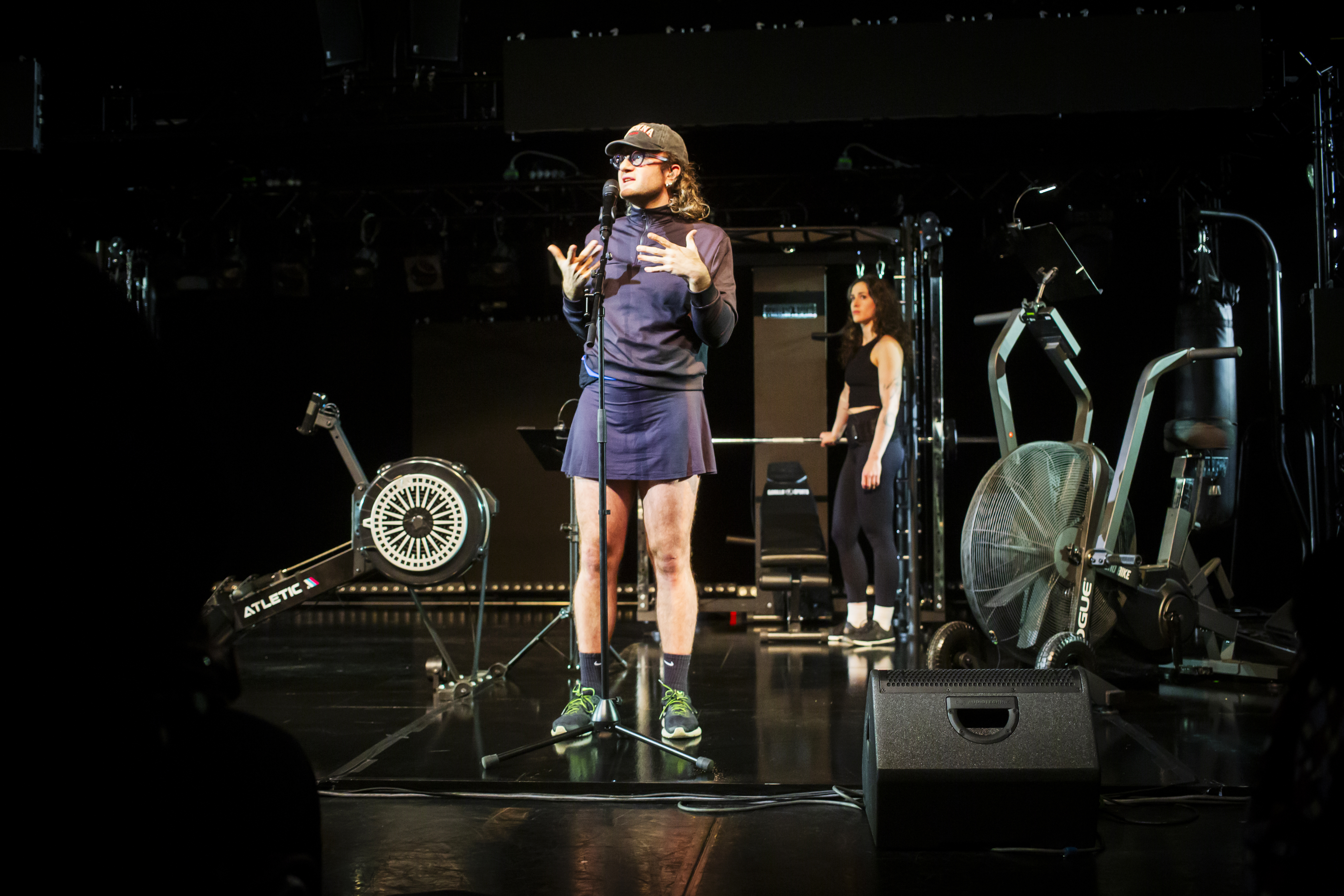 SWEAT. Songs of Push and Pull. Adaption at Pina Bausch Center Wuppertal (November 2025), Thaddäus Maria Jungmann adressing the audience